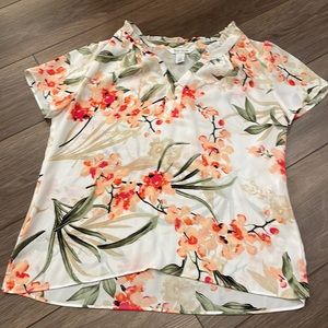 White House Black Market Floral Ruffle-Neck Blouse